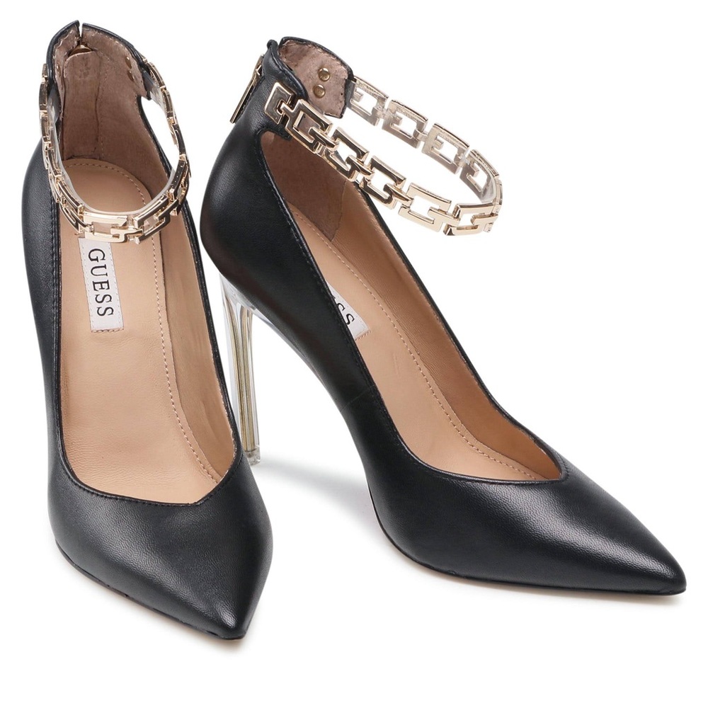 GUESS Women's Black Pointed Toe Chain Ankle Strap Pumps